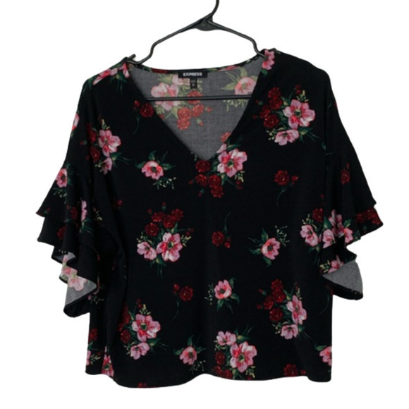 NWT NEW Express Large Black Floral Ruffle Flutter‎ Sleeve V Neck Blouse - Picture 14 of 16